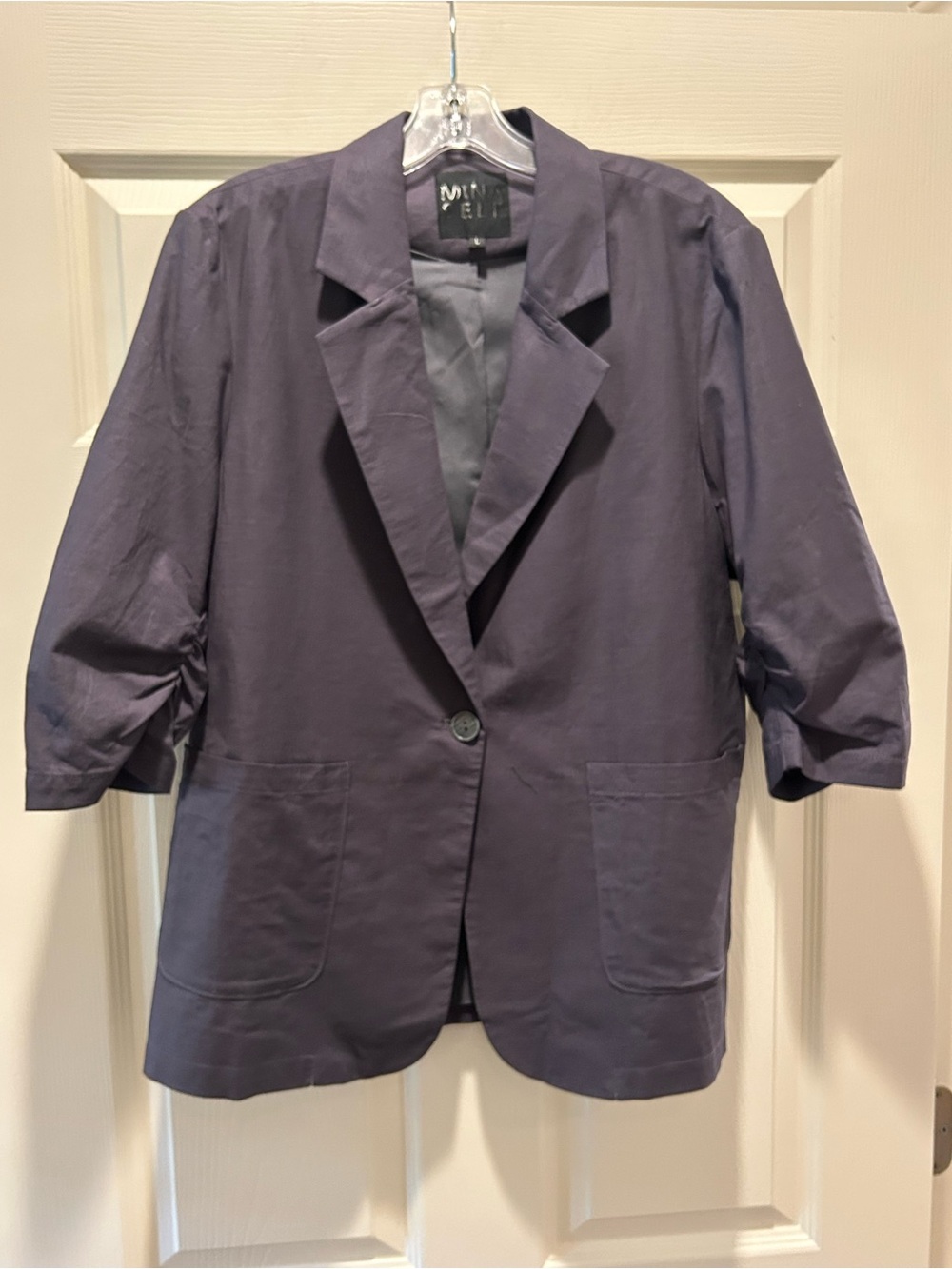 Mina Self Linen Deep Navy Short-Sleeve Single-Button Blazer